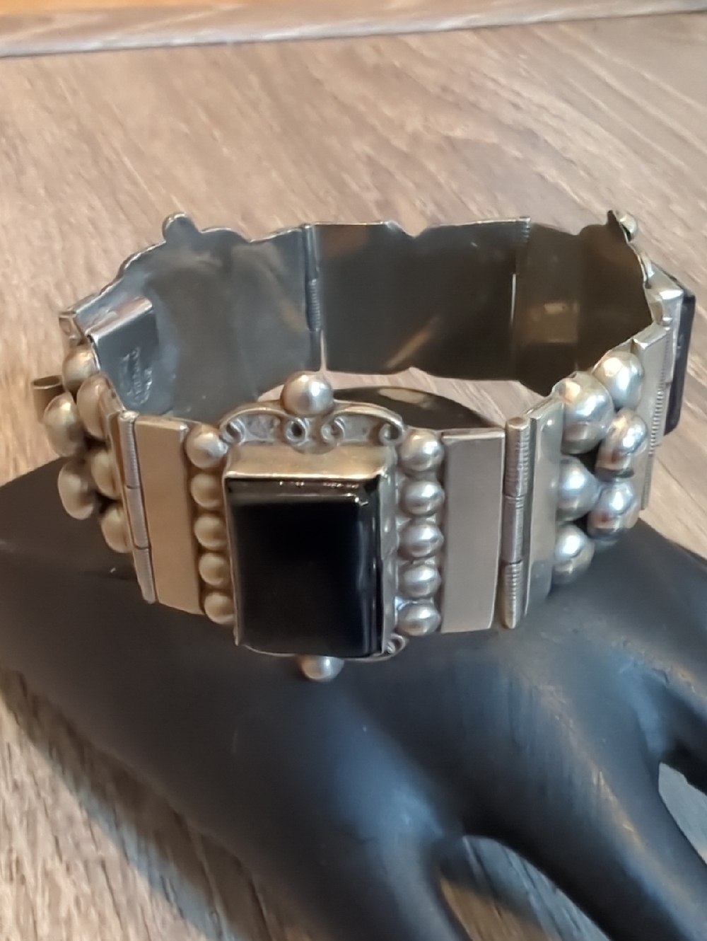 Vintage Mexico Silver-Tone Statement Black Onyx Bracelet
